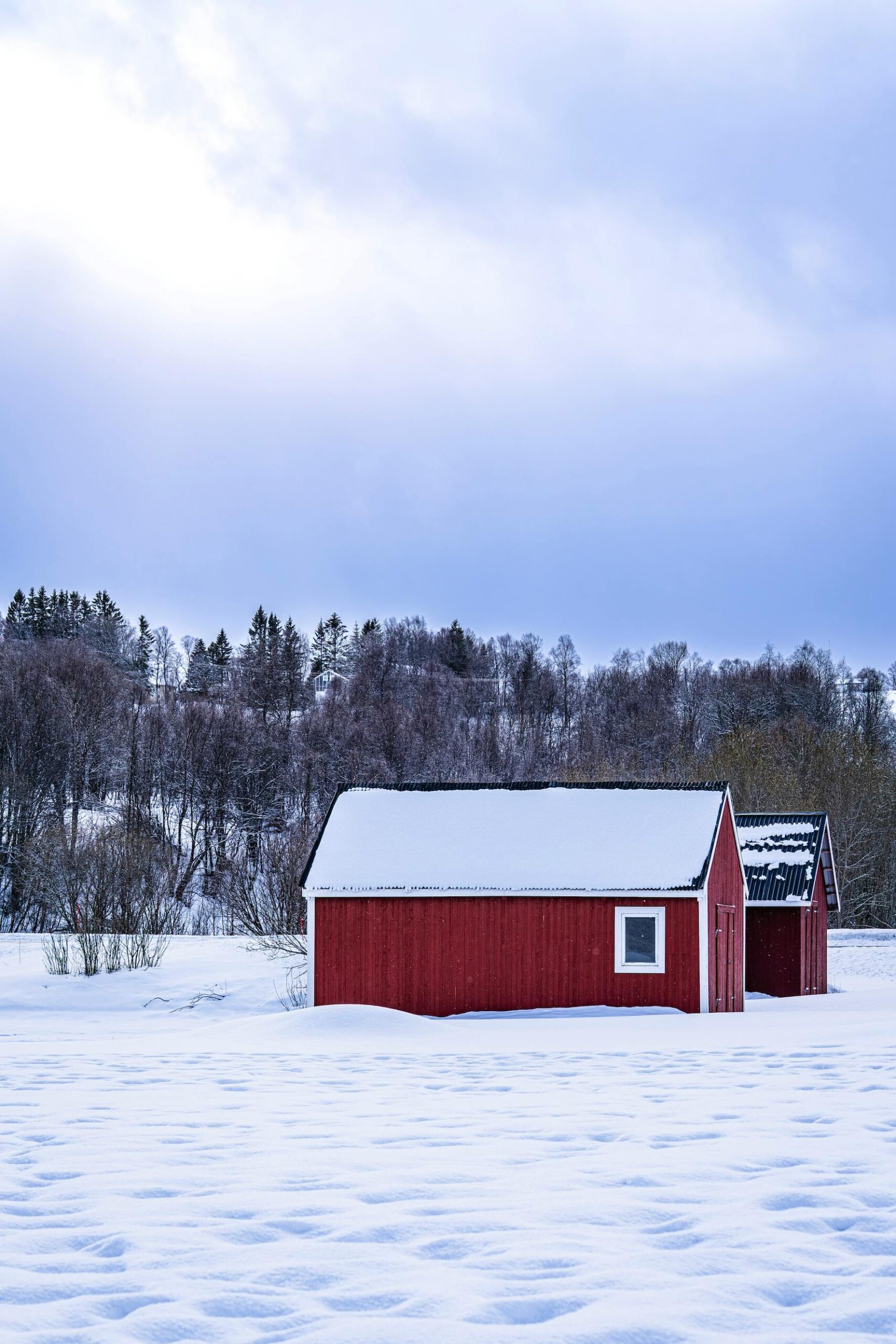 An image of a barnhouse on a snow-covered area.